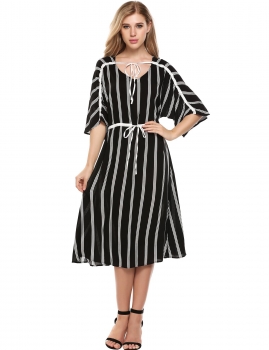 

Black V-Neck Half Sleeve Striped Drawstring Casual Loose Dress, Multicolor