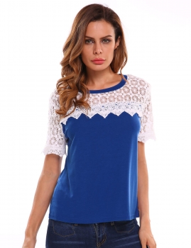 

Blue Lace Patchwork Loose Short Sleeve O Neck Pullover Cute T-Shirt, Multicolor