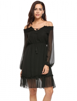 

Black Women Off Shoulder Lantern Long Sleeve Ruffled Chiffon Dress, Multicolor