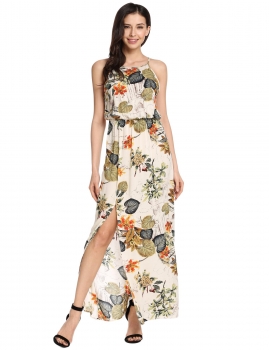 

Beige Halter Sleeveless Side Slit Floral Print Maxi Dress, Multicolor