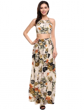 

Beige Two Piece Halter Spaghetti Strap Crop Top and Floral Maxi Skirt Set, Multicolor