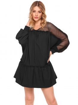 

Black Lantern Sleeve Hollow Out Loose Ruffled Dress, Multicolor