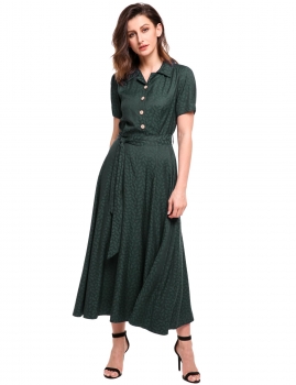 

Black Turn Down Collar Puff Sleeve High Waist Maxi Swing Dress, Multicolor
