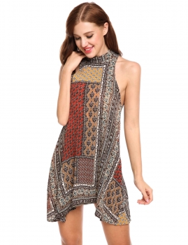 

Coffee Halter Sleeveless Prints A-Line Elastic Backless Going Out Dress, Multicolor