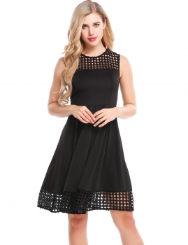 

Black Sleeveless Lace Hollow Out Patchwork A-Line Dress, Multicolor