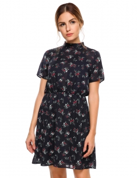 

Navy blue Short Sleeve Floral Print Stand Neck Tunic Dress, Multicolor