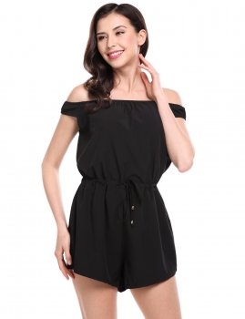 

Black Off Shoulder Drawstring Wasit Short Overall Playsuit Romper, Multicolor