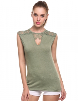 

Army green Sexy Keyhole V-Neck Sleeveless Lace Patchwork Hollow Out Tank Top, Multicolor