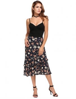 

Blue Bohemian High Waist Floral Print Slim Ruffles Midi Skirt, Multicolor