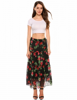 

Black Floral Print Elastic Waist Maxi Beach Swing Chiffon Skirt, Multicolor