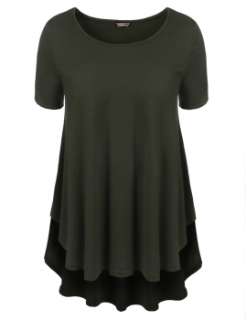 

Army green Split Hem Solid Short Sleeve O Neck Loose Pullover Tunics, Multicolor