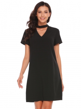 

Black Short Sleeve Solid V Neck Lace Casual Dress, Multicolor
