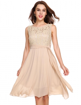 

Apricot Lace Patchwork Chiffon A-Line Pleated Hem Bridesmaid Dress with Lining, Multicolor