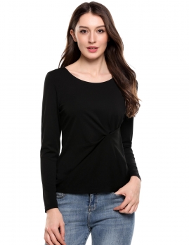 

Black O-Neck Long Sleeve Solid Front Pleated Pullover Elastic T-Shirt, Multicolor