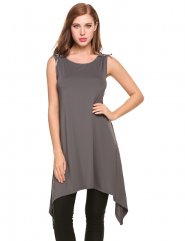 

Gray Casual O-Neck Sleeveless Solid Irregular Hem Blouse Tops, Multicolor