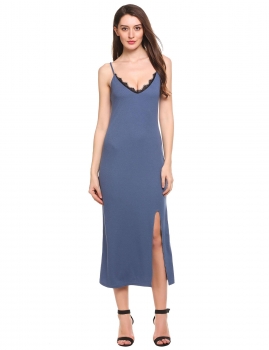 

Blue V-Neck Spaghetti Strap Patchwork Lace Hem Split Slim Dress, Multicolor