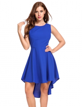 

Blue Sleeveless High Waist Solid Asymmetrical Casual Dress, Multicolor