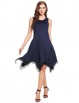 

Blue Sleeveless Lace Trimming Asymmetrical Casual Dress, Multicolor