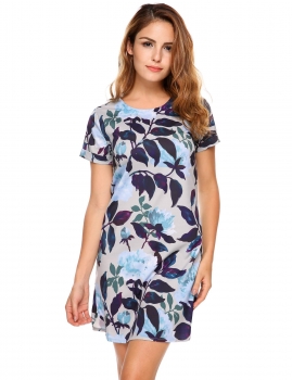 

Blue Short Sleeve Floral Casual Slim Mini Dress, Multicolor