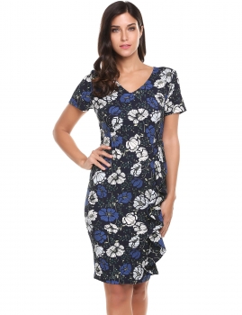 

Blue V-Neck Short Sleeve Back Split Ruffle Brims Going Out Dress, Multicolor