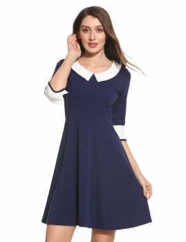 

Navy blue New Women Turn Down Neck Half Sleeve Vintage Style Zipper Pleated Dress, Multicolor