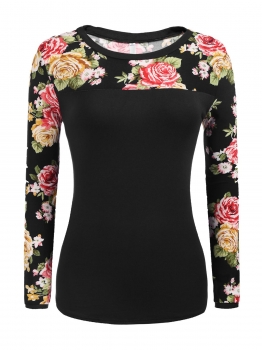 

Black Floral Patchwork Slim Basic Casual Tops, Multicolor