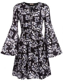 

Black Vintage Style Flare Sleeve Floral Print Fit and Flare Casual Dress, Multicolor