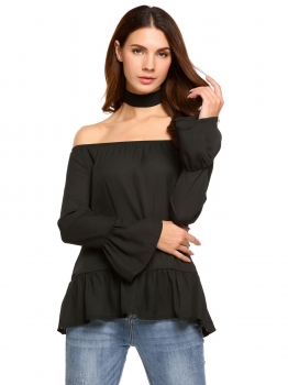 

Black Choker Slash Neck Long Flare Sleeve Solid Tops, Multicolor
