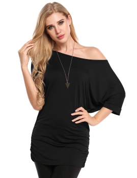 

Black Batwing Short Sleeve Yoga Loose Top with Shirring, Multicolor