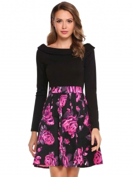 

Purple Vintage Style Long Sleeve Floral Patchwork Short Dress, Multicolor