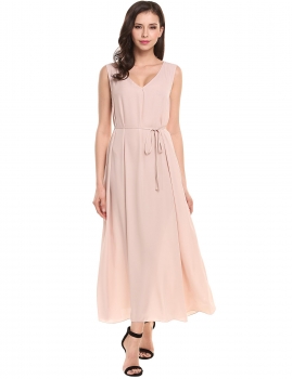 

Pink V-Neck Sleeveless Solid Pleated Hem Tank Chiffon Belted Casual Dress, Multicolor