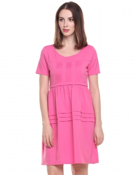 

Pink Solid Loose Short Sleeve A-Line Pleated Hem Casual Dress, Multicolor
