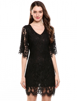 

Black V-Neck Half Flare Sleeve Floral Lace Hollow Out Going Out Dress, Multicolor