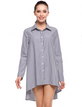 

Dark blue Turn-down Collar Cuffs Split Striped Asymmetrical Hem Shirt Casual Dress, Multicolor