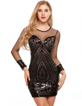 

Black Long Sleeve Mesh Sequined Patchwork O Neck Pencil Dress, Multicolor