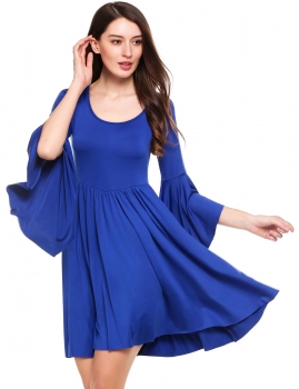 

Blue Long Sleeve Solid O Neck Knee Length Ruffled Sleeve High Waist Pullover A-Line Dress, Multicolor