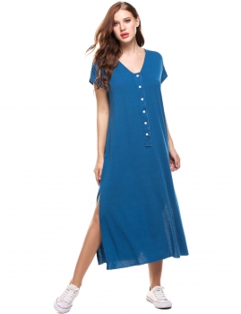 

Blue Short Sleeve V Neck Loose T-Shirt Casual Dress, Multicolor