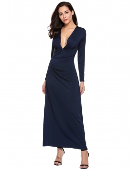 

Dark blue Plunging Neck Ruched Split Hem Maxi Dress, Multicolor