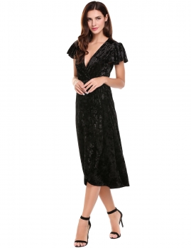 

Black V Neck Short Ruffle Sleeve Solid Lint Elastic Pleated Maxi Dress, Multicolor