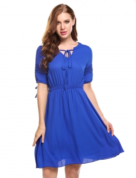 

Blue Casual Lace Half Sleeve Patchwork V Neck Pullover Chiffon Tunic Dress, Multicolor