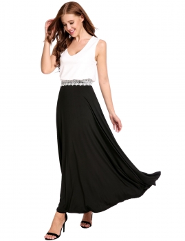 

Black V-Neck Double Layers Pleated Tank Patchwork Lace Brim Casual Dress, Multicolor