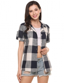 

Blue Plaid Turn Button Down Collar Short Sleeve Casual Shirts, Multicolor