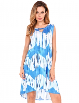 

Blue Sleeveless Keyhole Printing Asymmetrical Tunic Dress, Multicolor