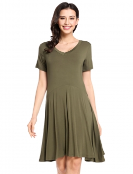 

Army green V Neck Short Sleeve Loose Shift Dress, Multicolor
