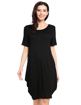 

Black Short Sleeve Loose Asymmetrical Tunic Casual Dress, Multicolor