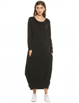 

Black Women Long Sleeve Solid Casual Loose Fit Pockets Maxi Dress, Multicolor