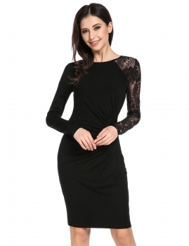 

Black Long Sleeve Lace Patchwork Side Ruched Bodycon Dress, Multicolor