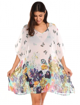 

White Batwing Sleeve Printed Beach Chiffon Bikini Cover Up