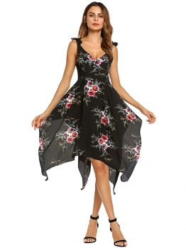 

Black V-Neck Sleeveless Shoulder Tie Floral Asymmetrical Long Dress, Multicolor