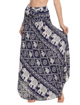 

Blue Women Bohemian Style Self-Tie Belt High Waist Print Irregular Hem Long Skirt, Multicolor